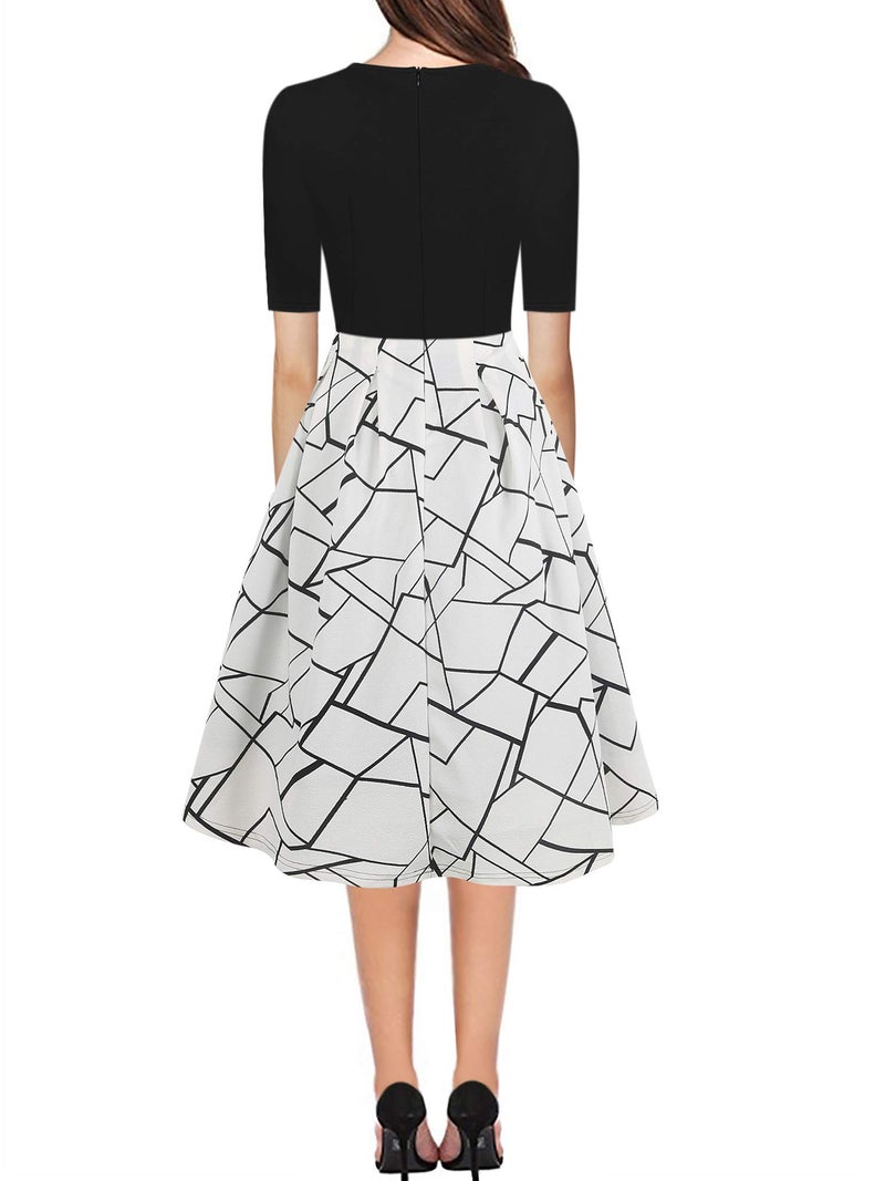oxiuly Women's Vintage Dresses Patchwork Pockets Puffy Swing Casual Party Dress OX165 (BK-White Stripe, l) - Image 2